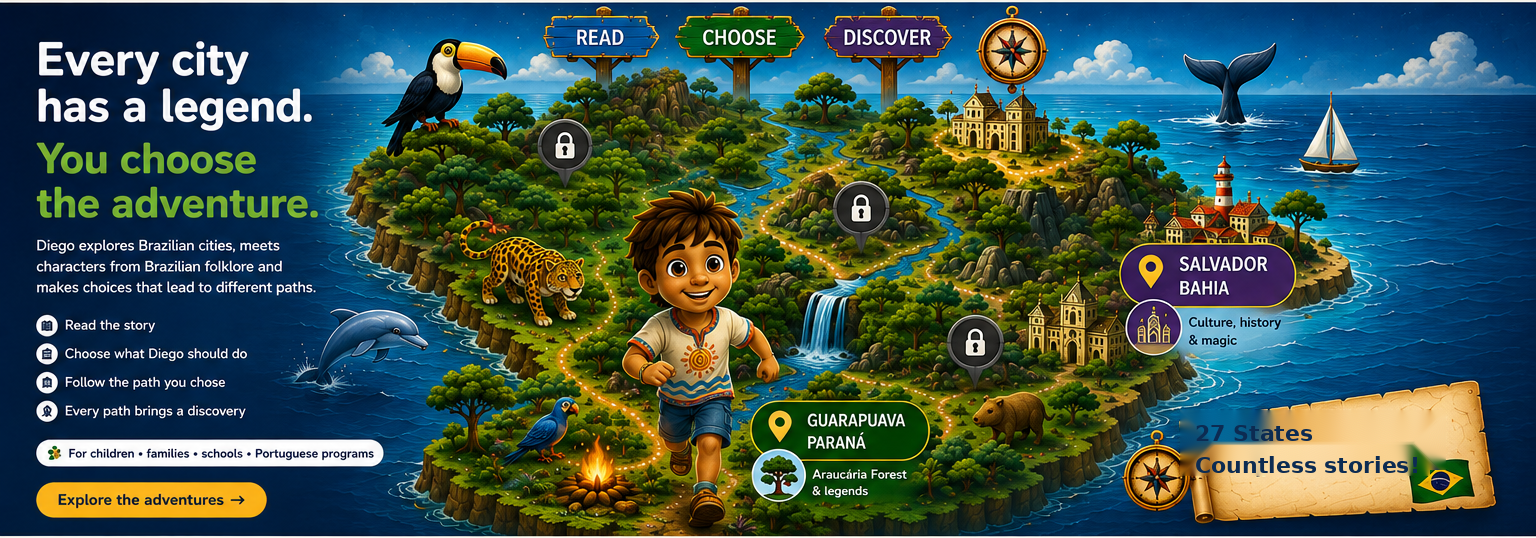 Diego in Brazil homepage with the illustrated Brazil map