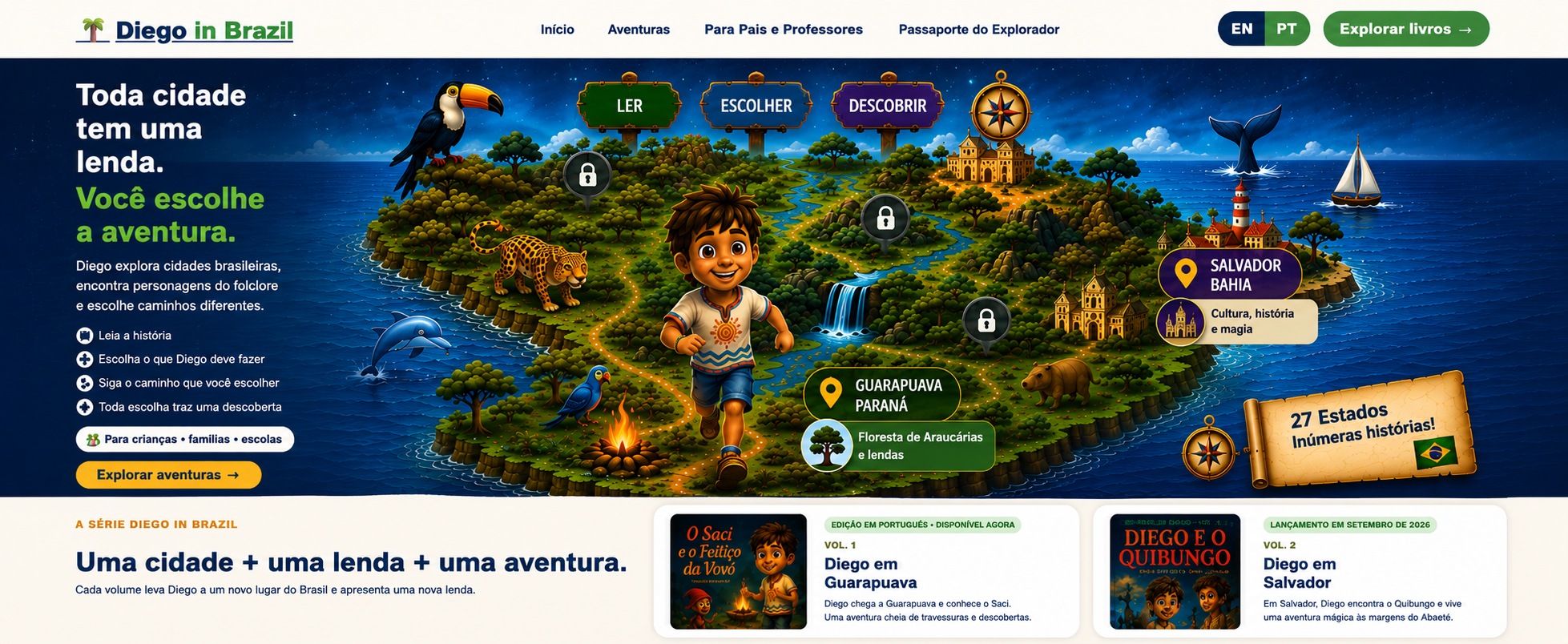 Diego in Brazil homepage with the illustrated Brazil map