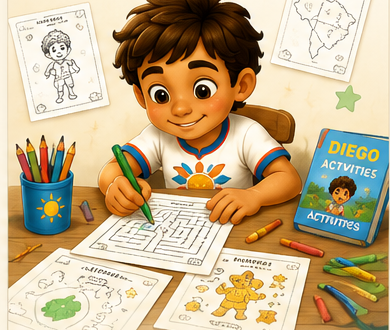 Diego doing a maze and other printable activity sheets